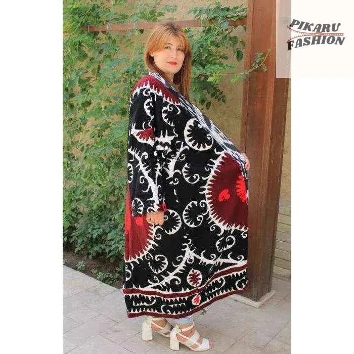 Handcrafted Suzani Embroidered Long Coat – Black & Red Bohemian Kimono - PIKARU FASHION
