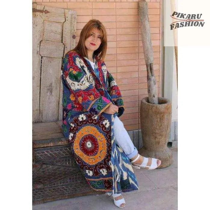 Bohemian Suzani Embroidered Long Kimono – Multicolor Artisan Coat - PIKARU FASHION