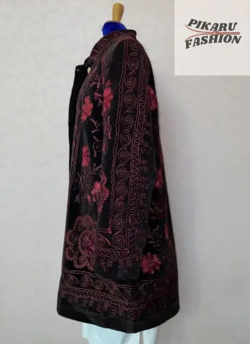 Velvet Suzani Embroidered Coat – Boho Floral Jacket