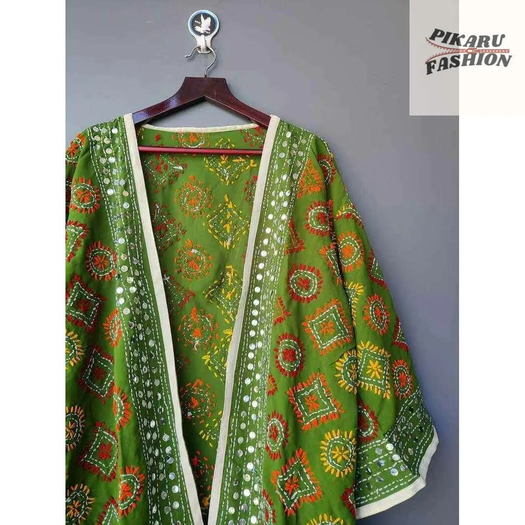 ๐ฟ Handcrafted Green Mirror Work Kimono Jacket - PIKARU FASHION
