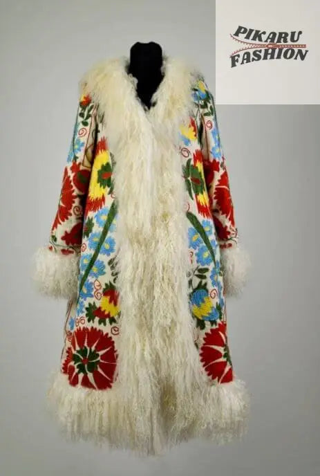 Multicolor Suzani Embroidered Wool Coat with White Fur Trim