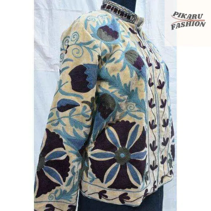 Handcrafted Kashmiri Embroidered Wool Jacket – Beige & Blue Floral Pattern