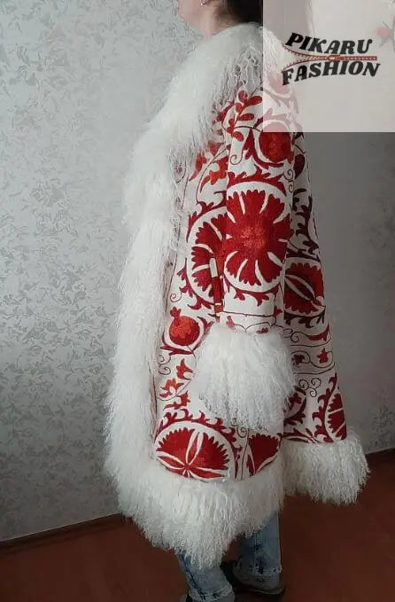 Red Suzani Embroidered Wool Coat with White Mongolian Fur Trim