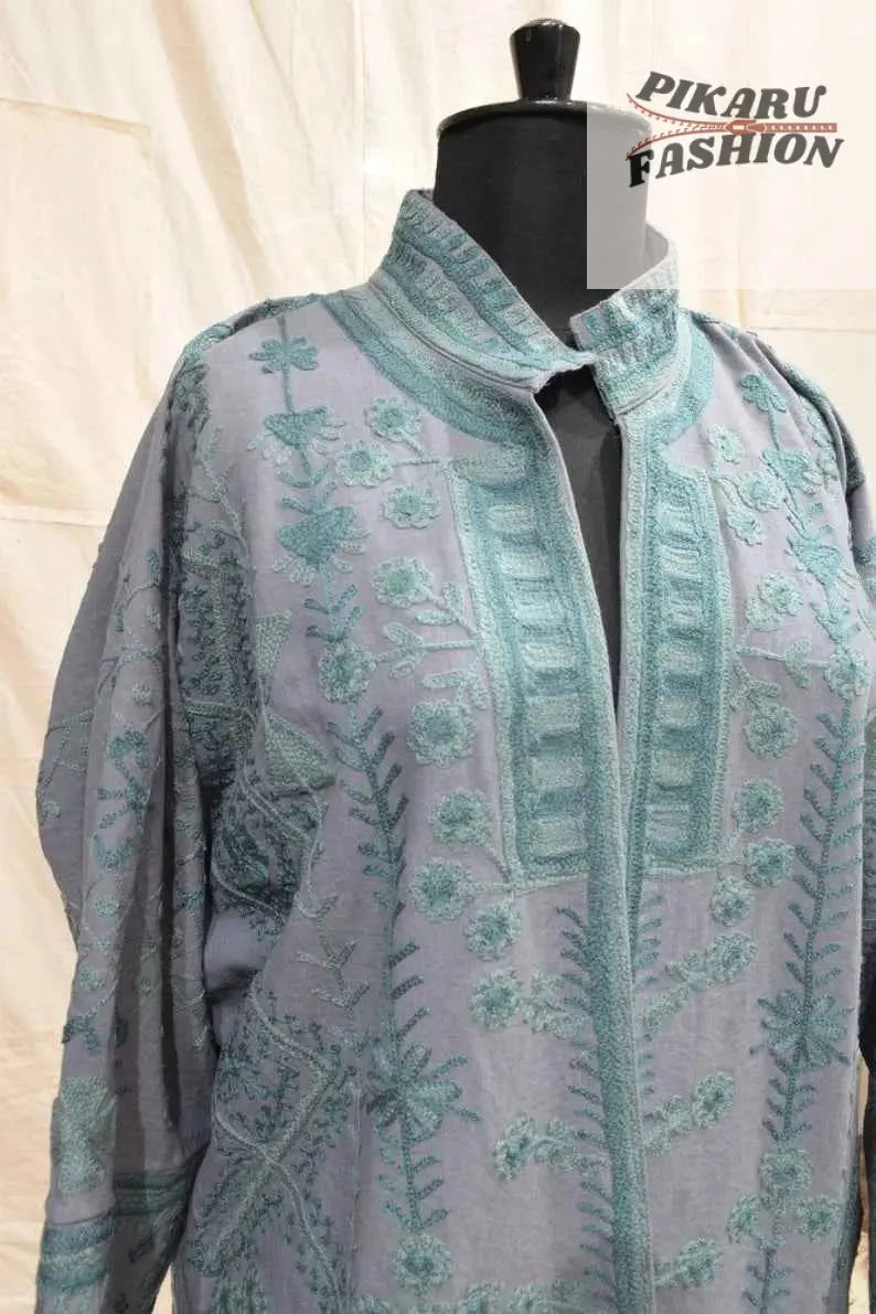 Handcrafted Kashmiri Wool Embroidered Long Jacket – Teal on Grey
