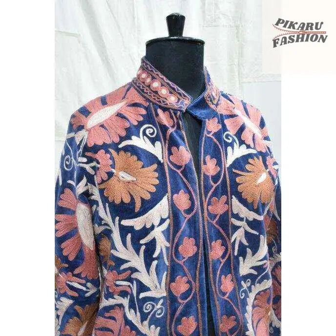 Kashmiri Hand-Embroidered Wool Jacket – Navy & Rose Floral