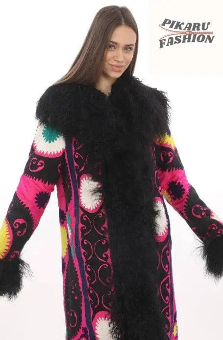 Black Suzani Embroidered Wool Coat with Black Mongolian Fur Trim