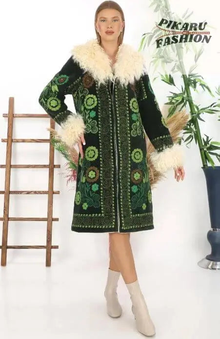 Green Embroidered Wool Coat with Mongolian Fur Collar & Cuffs