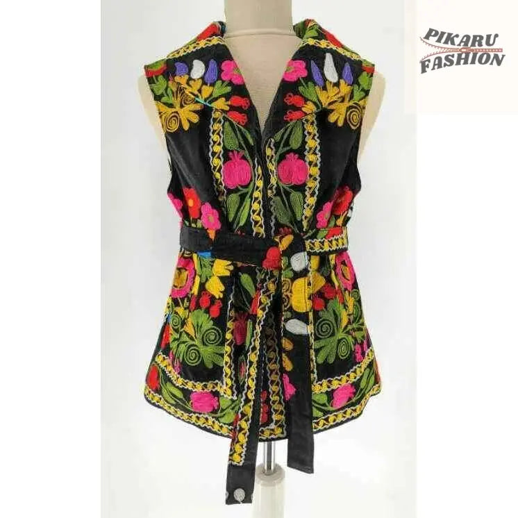 Handcrafted Multicolor Floral Embroidered Velvet Vest - PIKARU FASHION