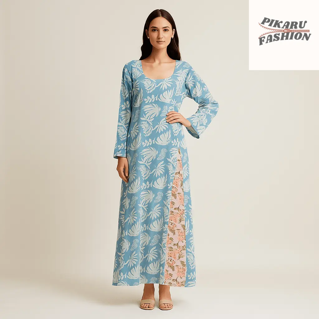 Blue Tropical Floral Maxi Kaftan Dress - PIKARU FASHION