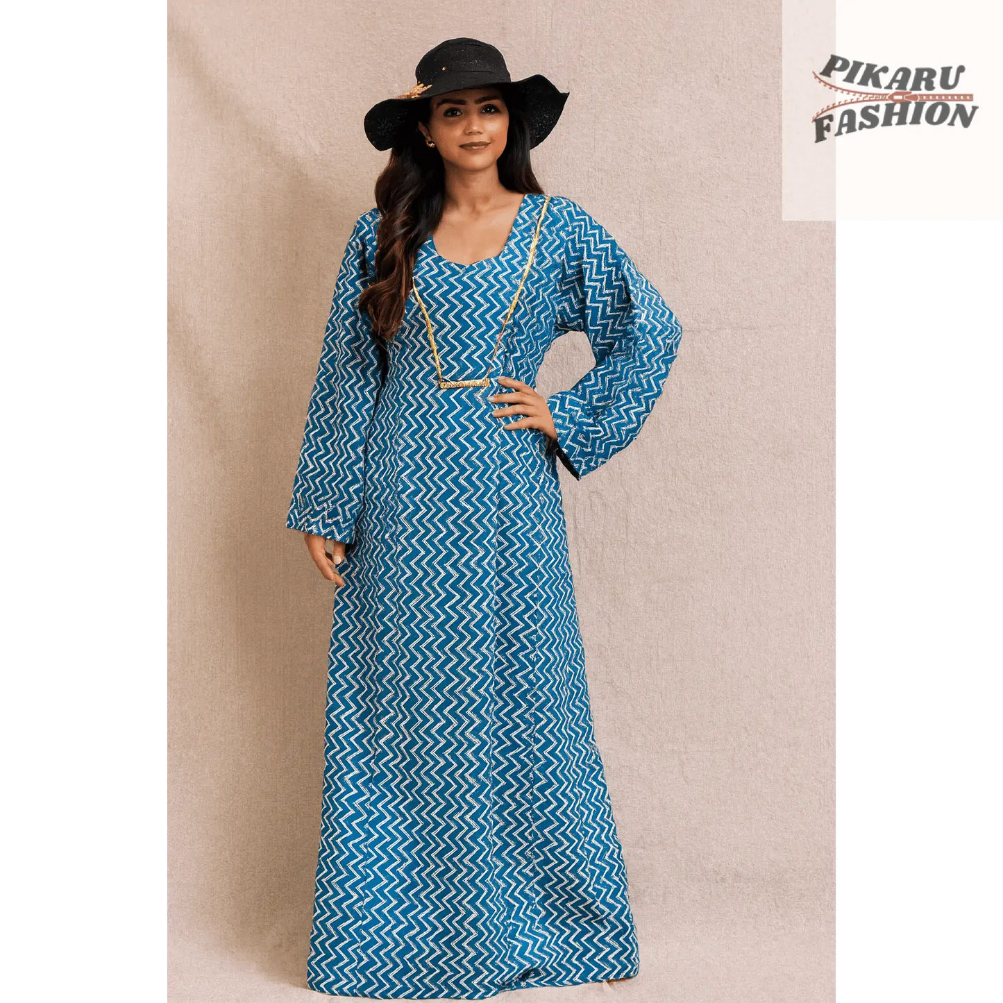 Blue Zigzag Handblock Printed Long Cotton Dress - PIKARU FASHION