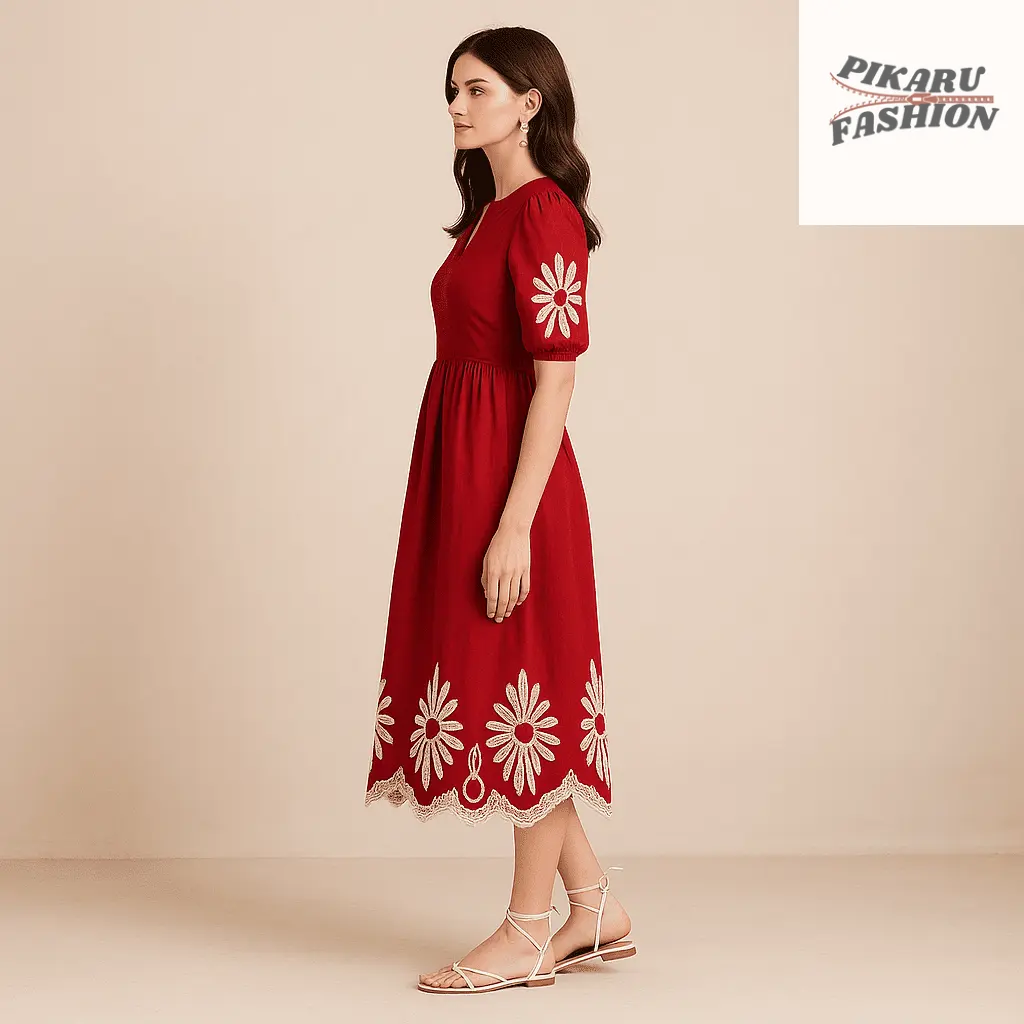 Red Embroidery Puff Sleeve Midi Dress - PIKARU FASHION