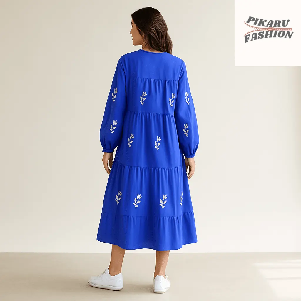 Royal Blue Floral Embroidered Midi Dress - PIKARU FASHION