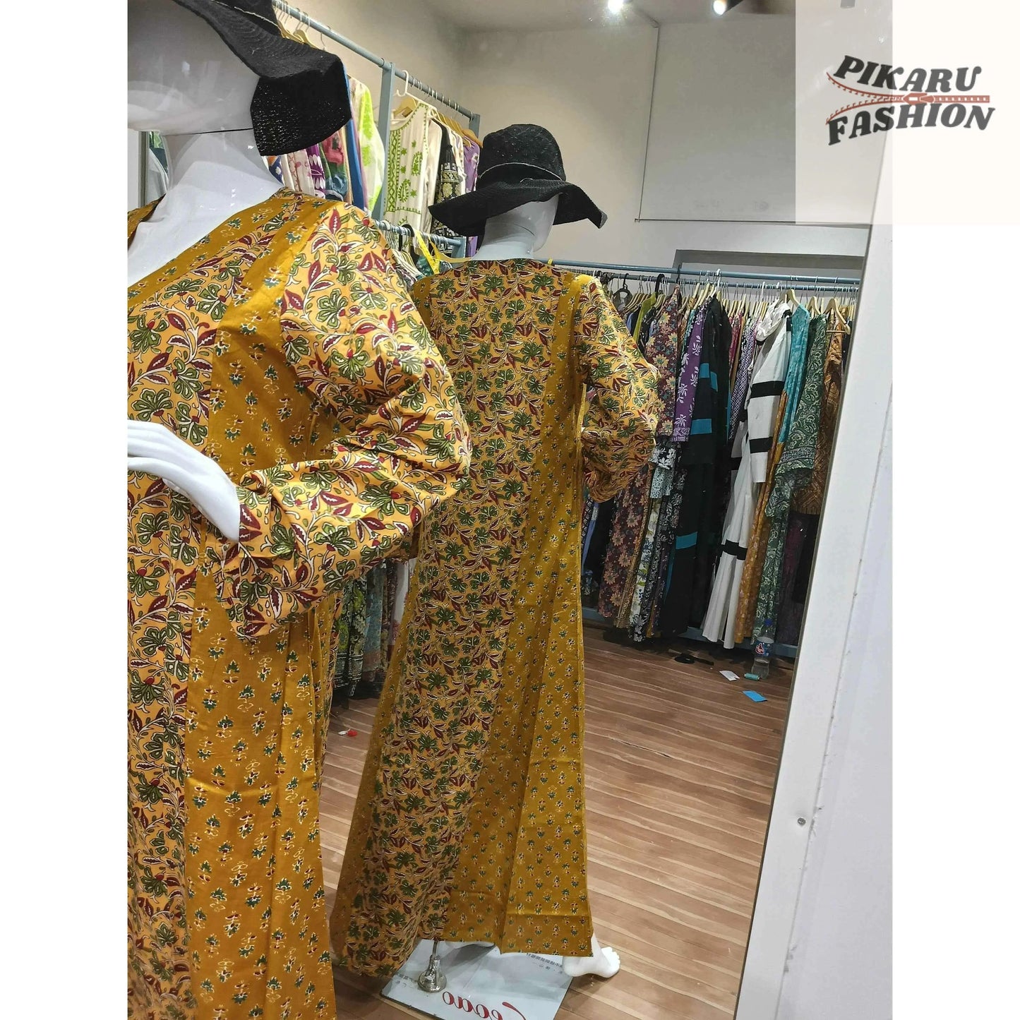 Mustard Floral Block Print Maxi Dress - PIKARU FASHION