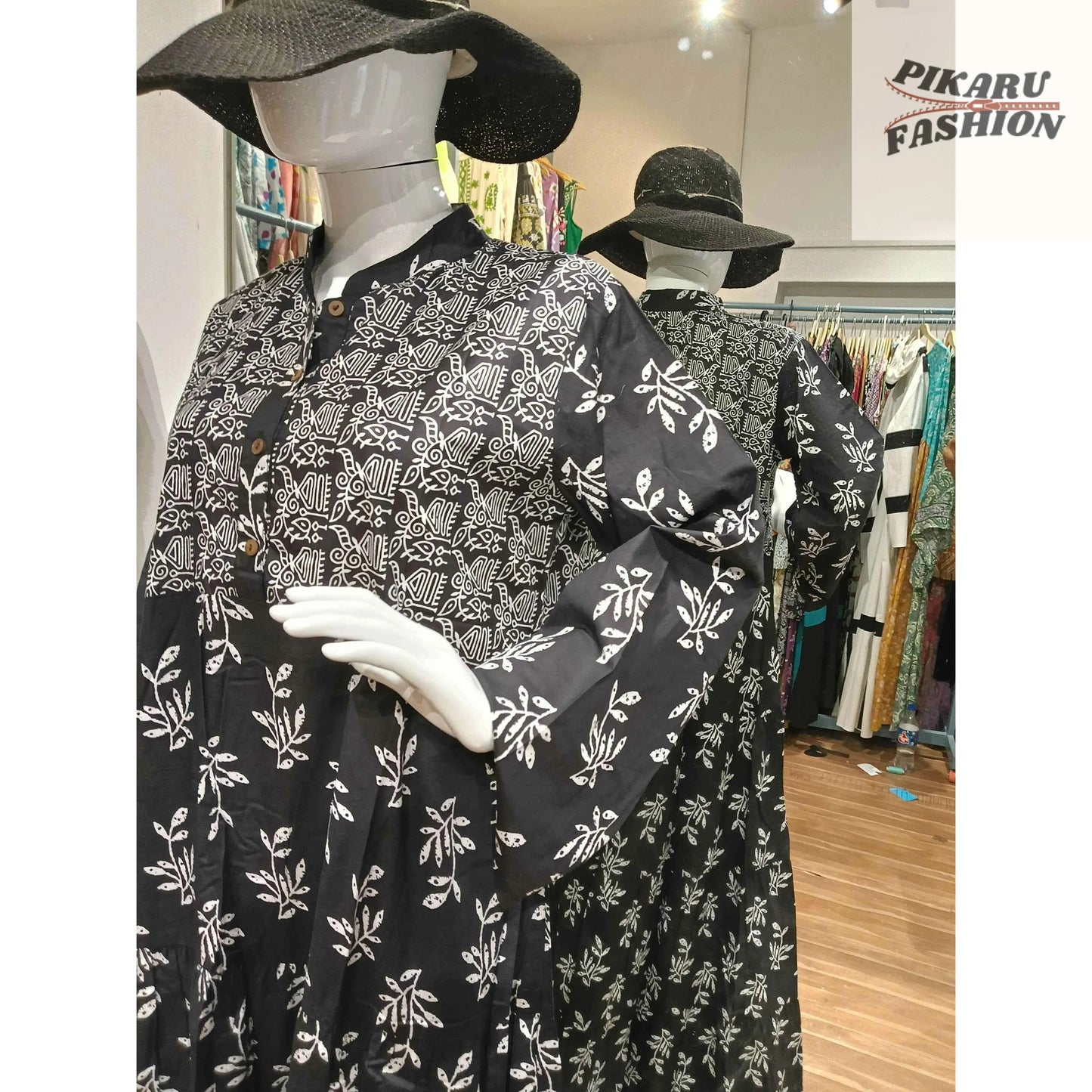 Black Hand-Block Printed Cotton Maxi Dress with White Floral Patterns - PIKARU FASHION