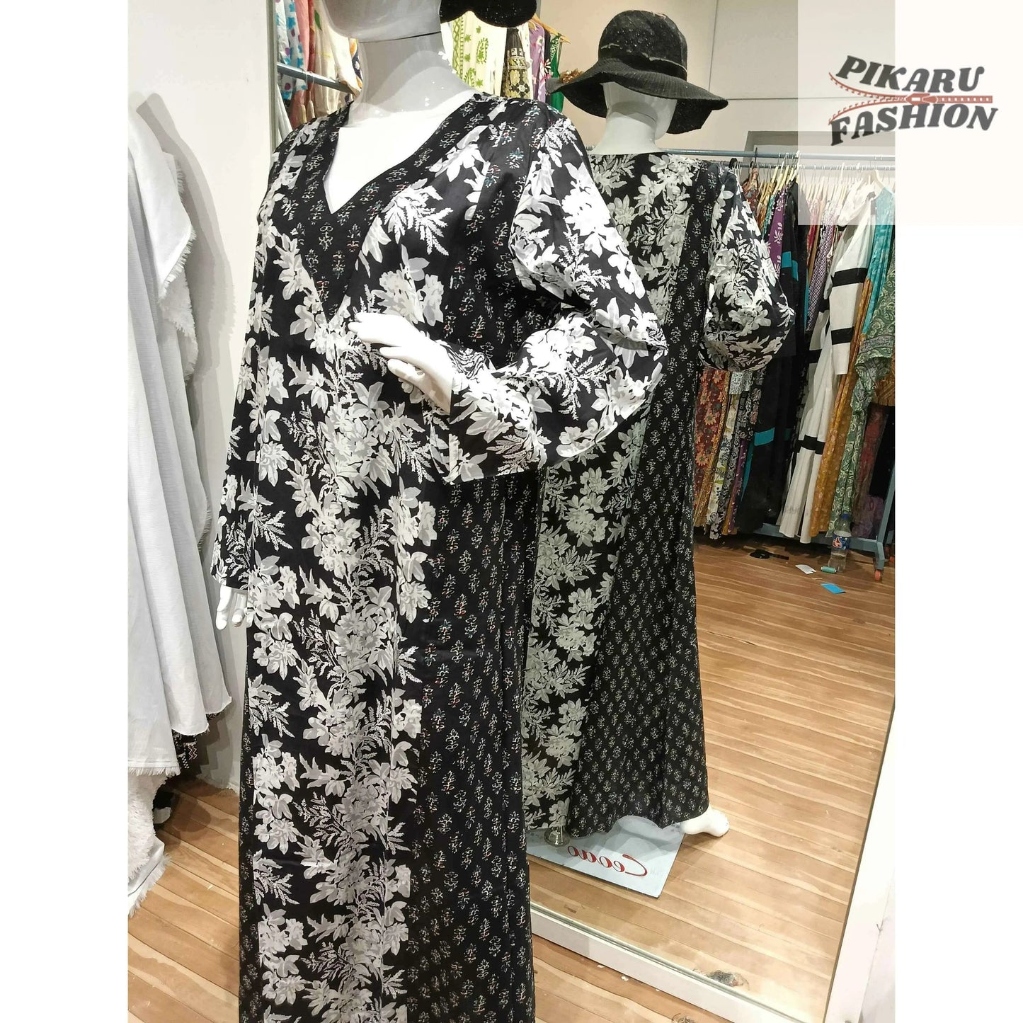 Elegant Black Floral Printed Maxi Dress with Long Sleeves - PIKARU FASHION