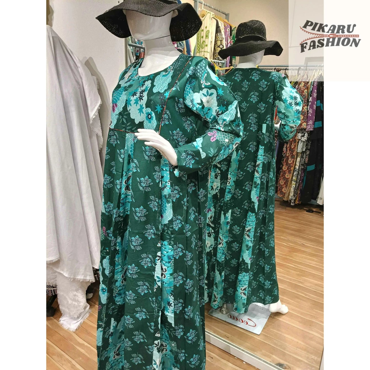 Elegant Green Floral Maxi Dress - PIKARU FASHION