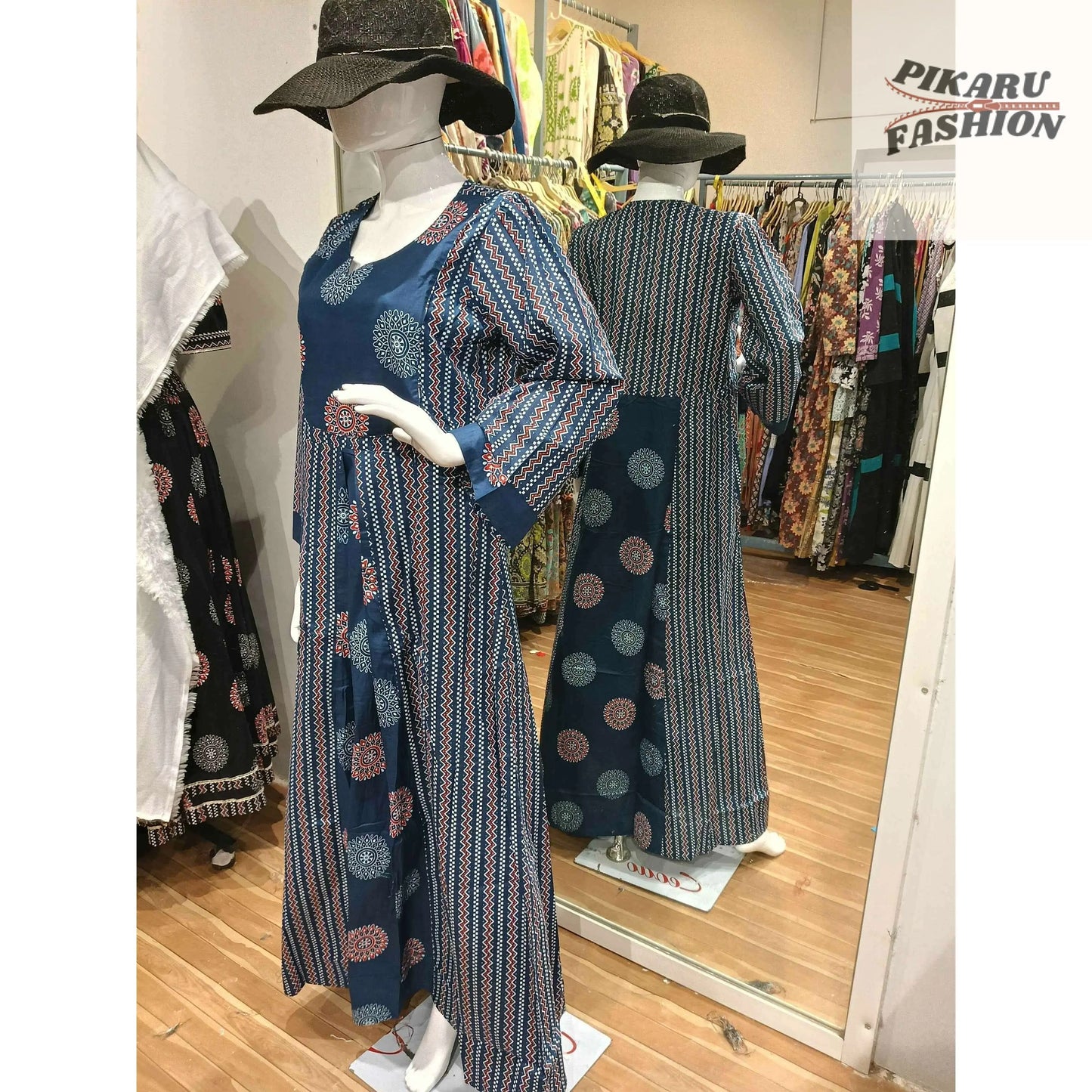 Bohemian Indigo Printed Long Maxi Dress with Tie Waist - PIKARU FASHION