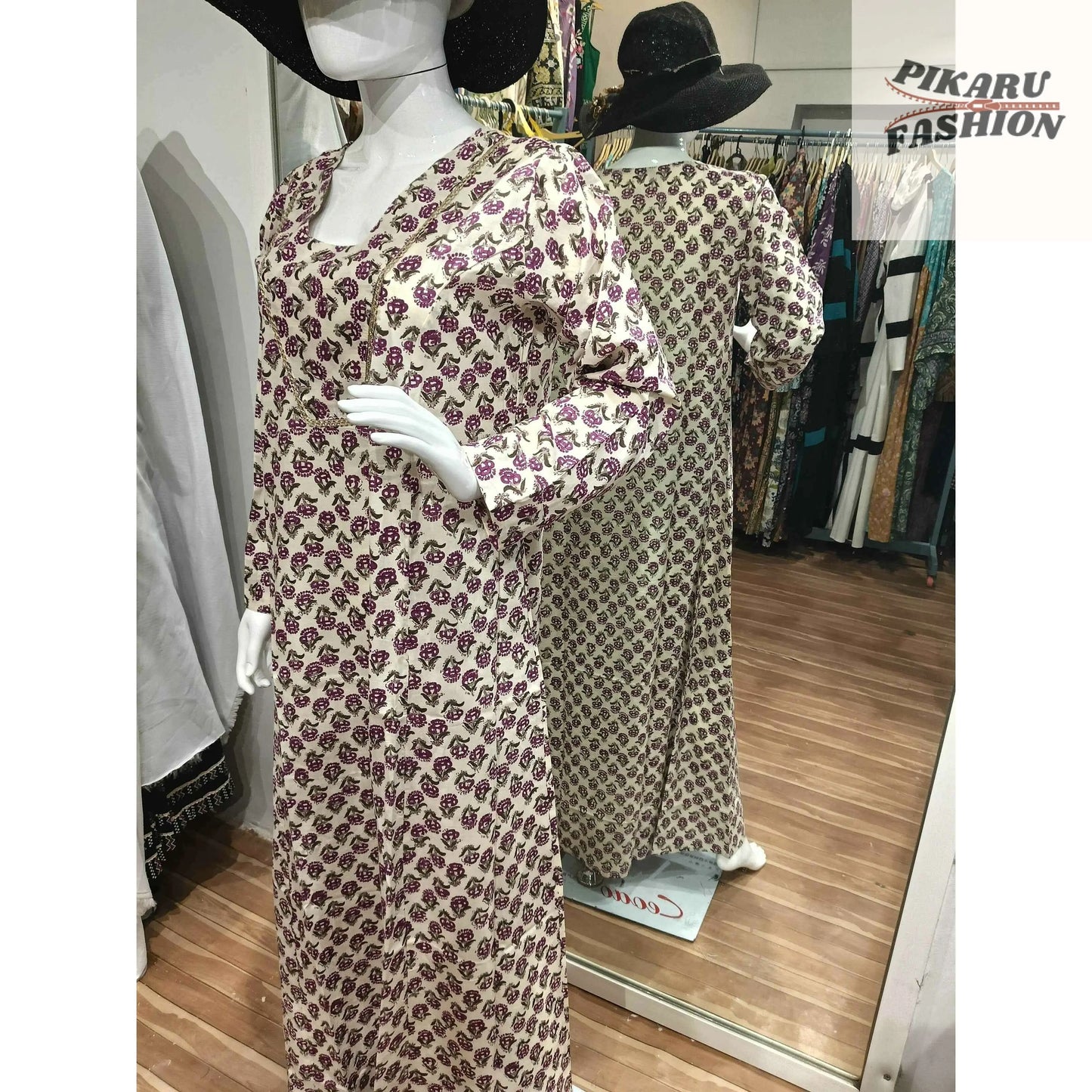 Hand-Block Printed Cotton Maxi Dress with Long Sleeves - PIKARU FASHION