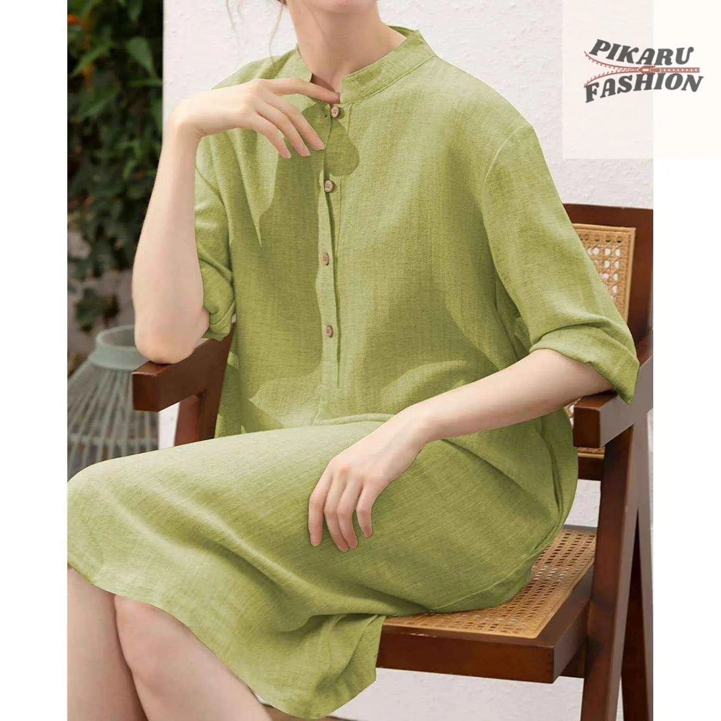 Elegant Dark Green Linen A-Line Shirt Dress for Women | Pikarufashion