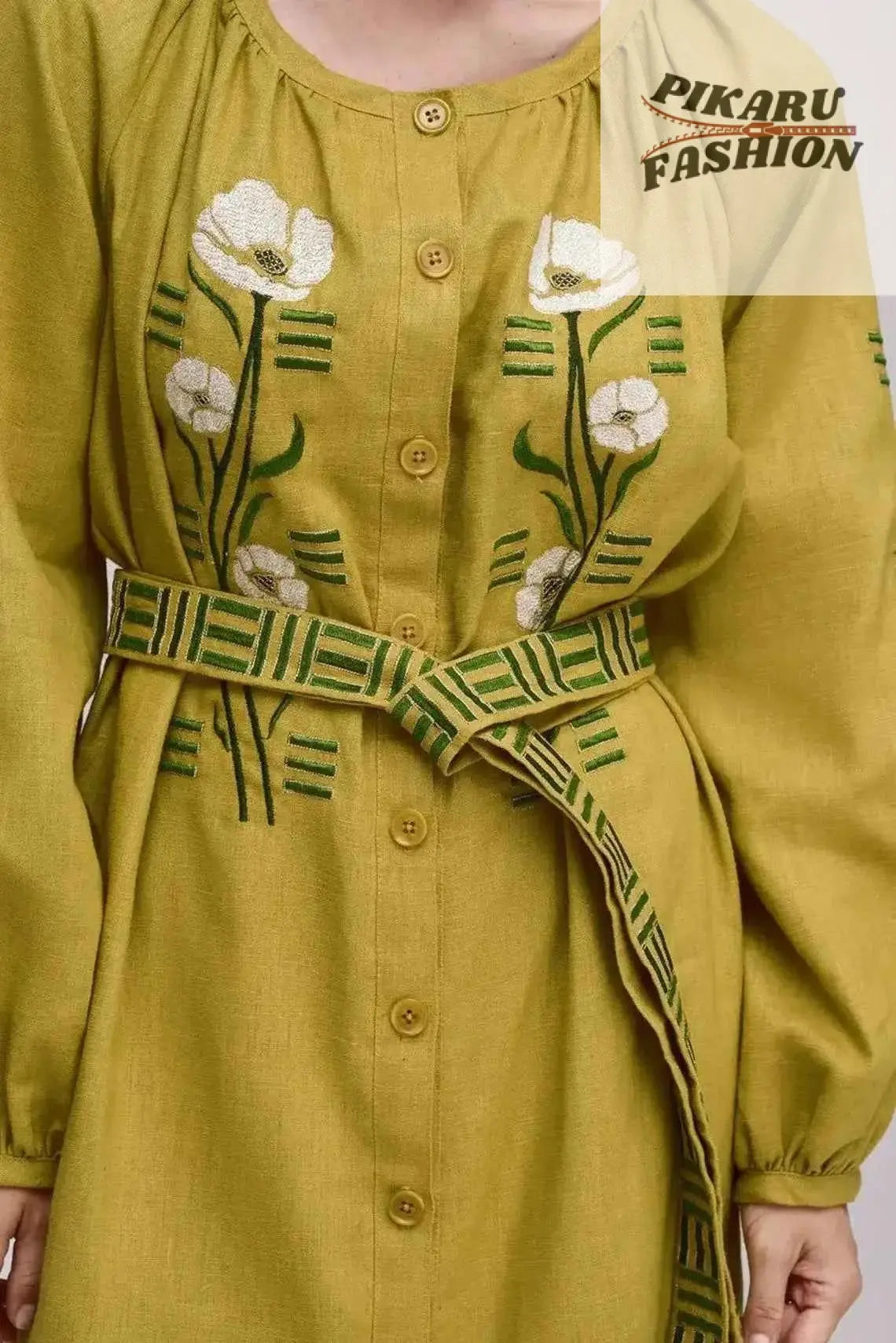 Mustard Floral Embroidered Long Kimono button Coat