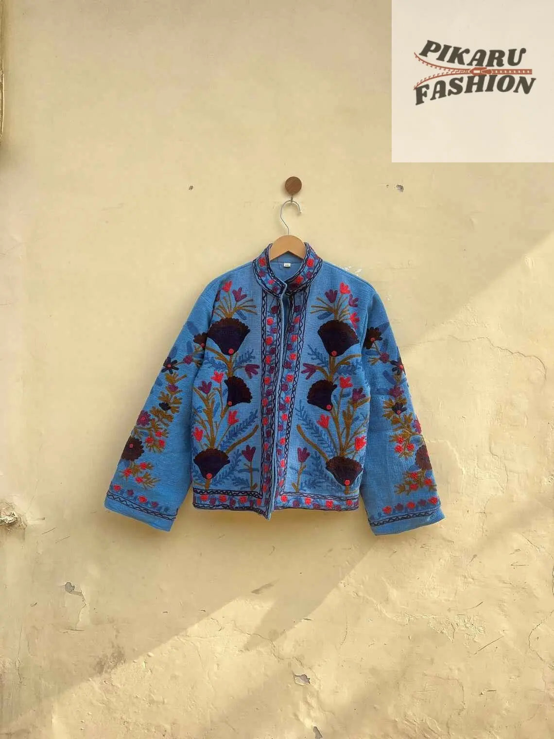 Blue cotton jacket with colorful Suzani embroidery