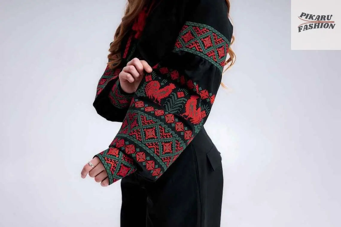 Black Ukrainian blouse with red rooster embroidery