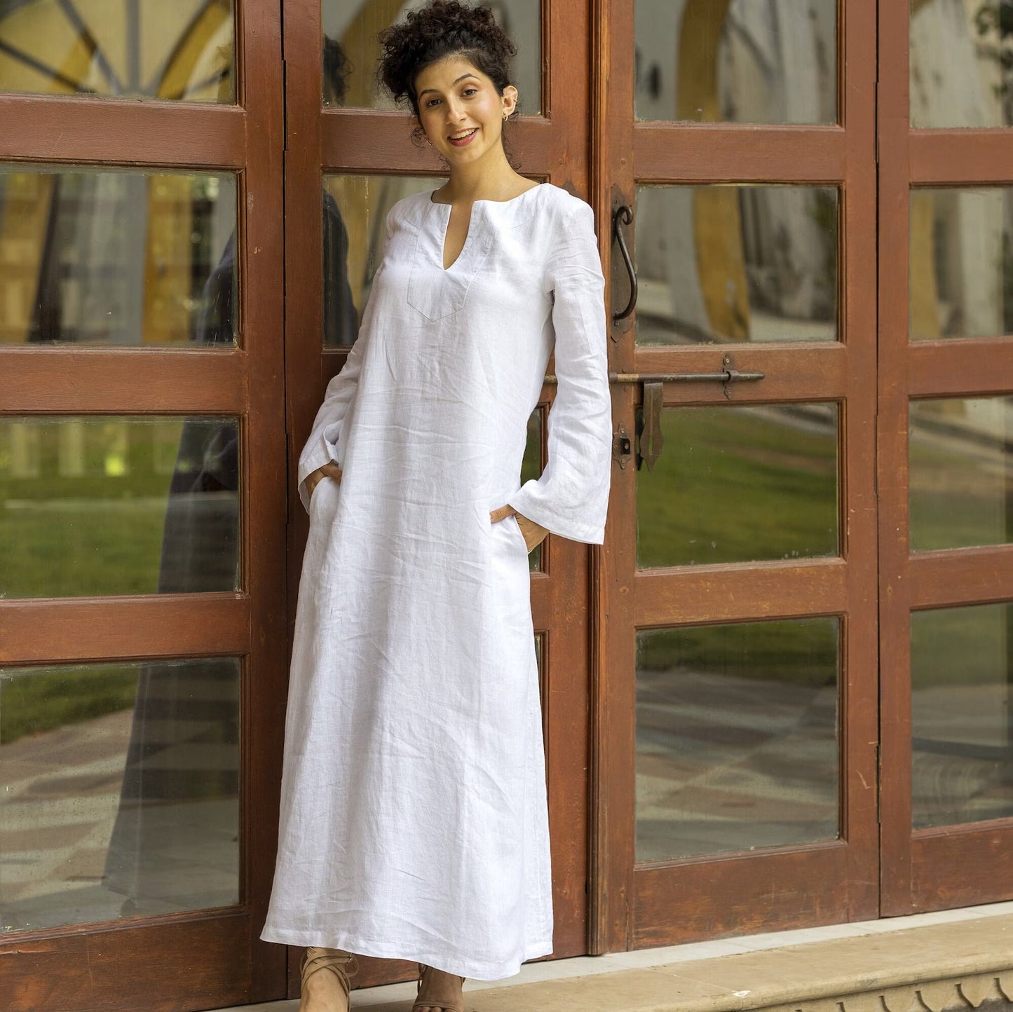 White Linen Kaftan Maxi Dress - PIKARU FASHION