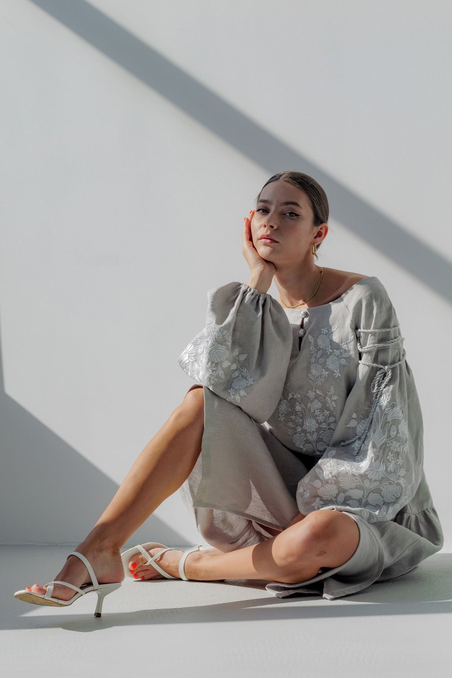 Grey Linen Dress with Exquisite Ukrainian Embroidery, Vyshyvanka White Embroidery, Linen Embroidered Ukrainian Dress Boho Gift for Her - PIKARU FASHION