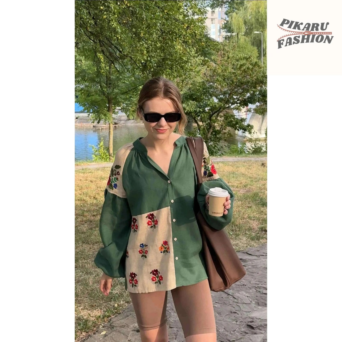 Linen Blouse Floral Embroidery / PIKARU FASHION - PIKARU FASHION