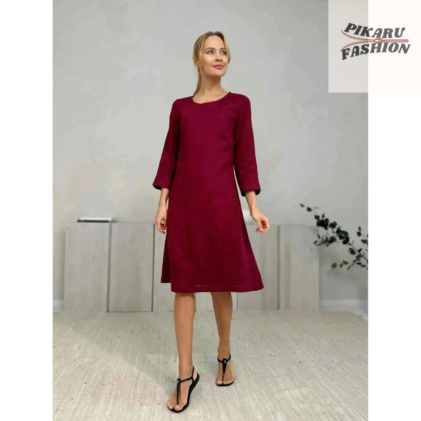 100% Linen midi Dress With Hand Embroidery - PIKARU FASHION