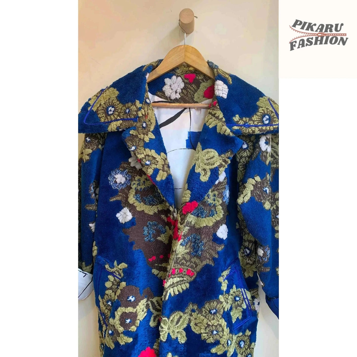 Vintage Floral Upholstery Moroccan Blue Oversized Collar coat - PIKARU FASHION