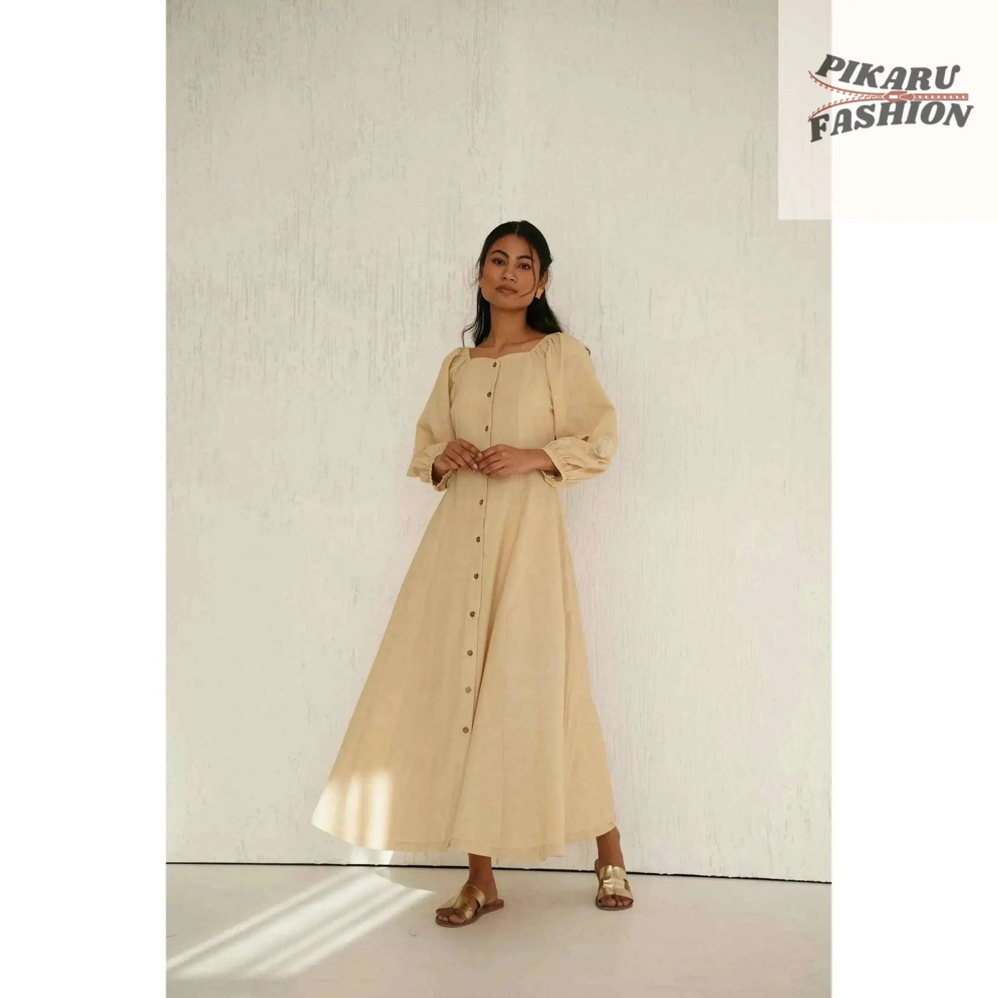 Soft Linen Maxi Dress with Button- pikaru fashion - PIKARU FASHION