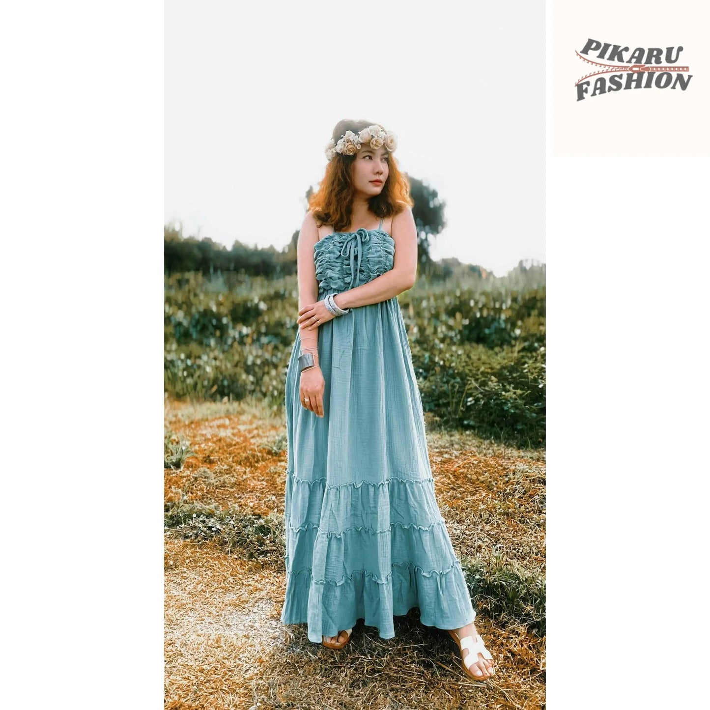 Olive Mustard Boho Maxi Dress - PIKARU FASHION