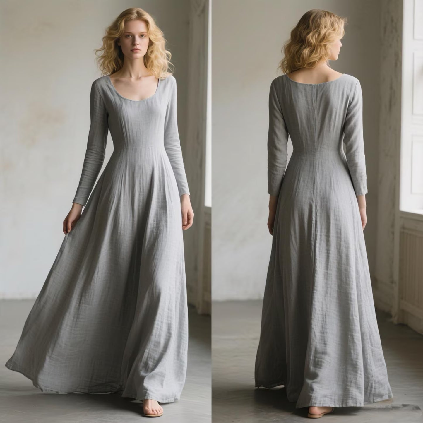 Gray Linen Maxi Dress with Pockets Women Scoop Neck Long Sleeve - PIKARU FASHION
