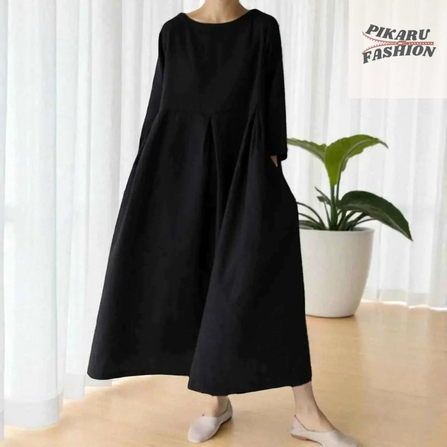 Loose Fit Linen Maxi Dress with Pockets - PIKARU FASHION