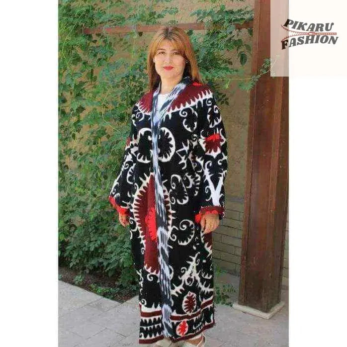 Handcrafted Suzani Embroidered Long Coat – Black & Red Bohemian Kimono - PIKARU FASHION