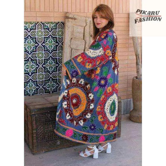 Bohemian Suzani Embroidered Long Kimono – Multicolor Artisan Coat - PIKARU FASHION