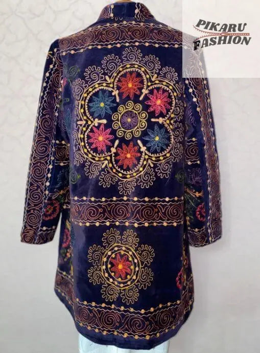 Velvet Suzani Embroidered Coat – Handcrafted Boho Winter Jacket