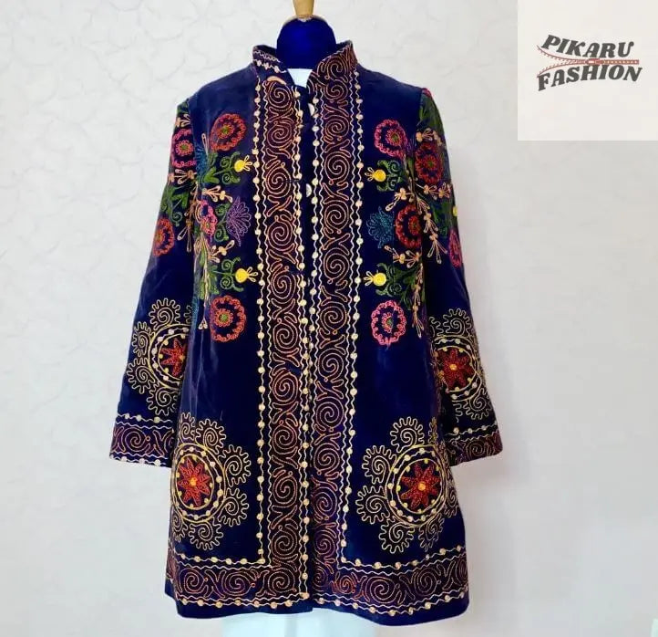 Velvet Suzani Embroidered Coat – Handcrafted Boho Winter Jacket