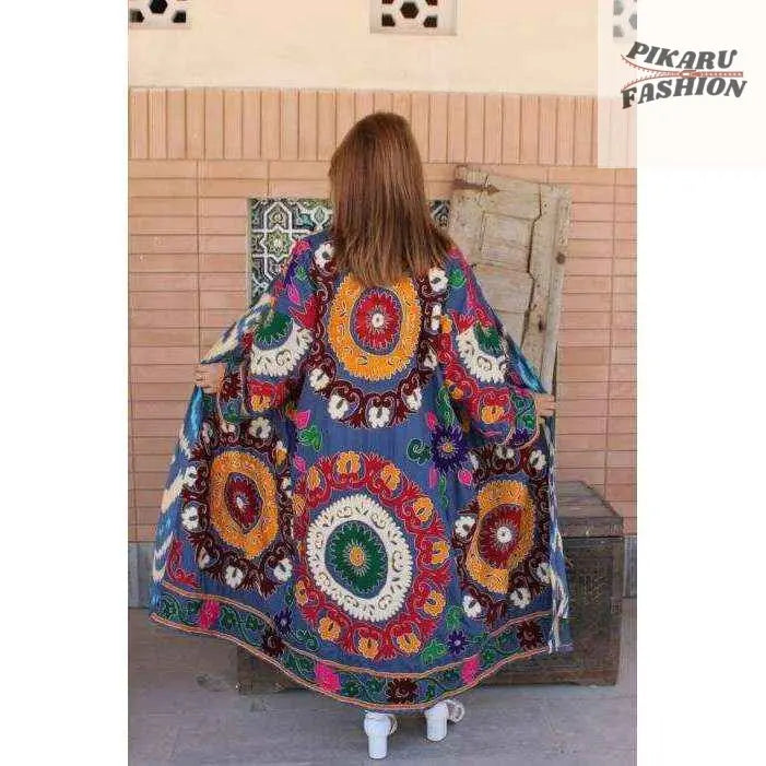 Bohemian Suzani Embroidered Long Kimono – Multicolor Artisan Coat - PIKARU FASHION
