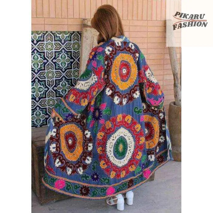 Bohemian Suzani Embroidered Long Kimono – Multicolor Artisan Coat - PIKARU FASHION