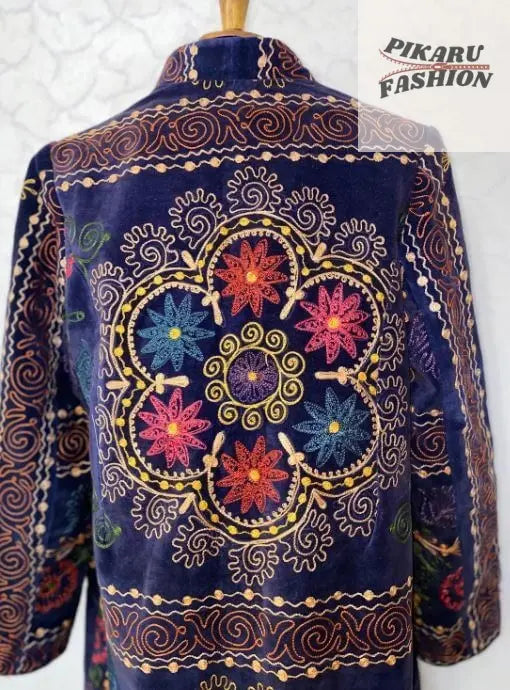 Velvet Suzani Embroidered Coat – Handcrafted Boho Winter Jacket