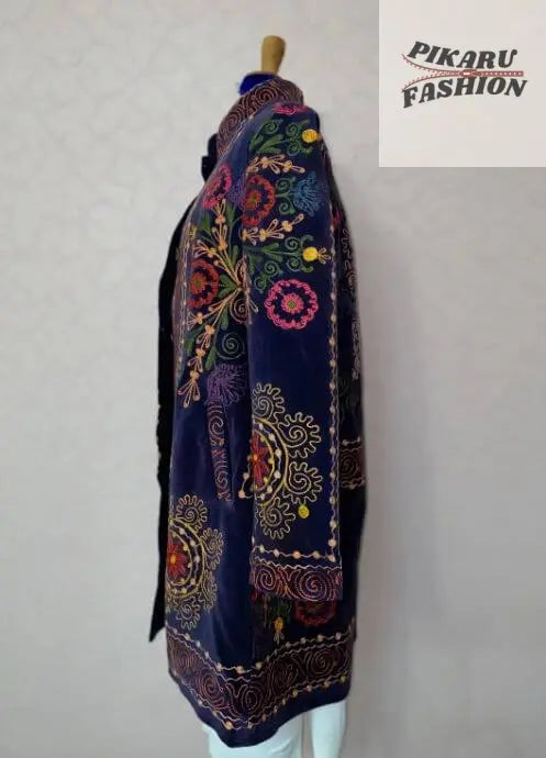 Velvet Suzani Embroidered Coat – Handcrafted Boho Winter Jacket