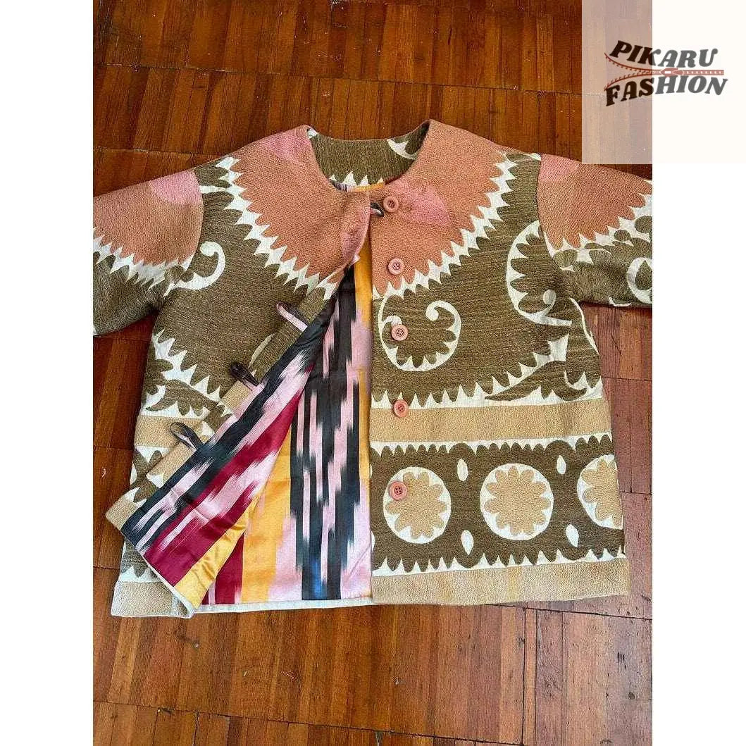 Boho Chic Wool-Blend Suzani Pattern Coat – Peach & Beige Tribal Jacket - PIKARU FASHION