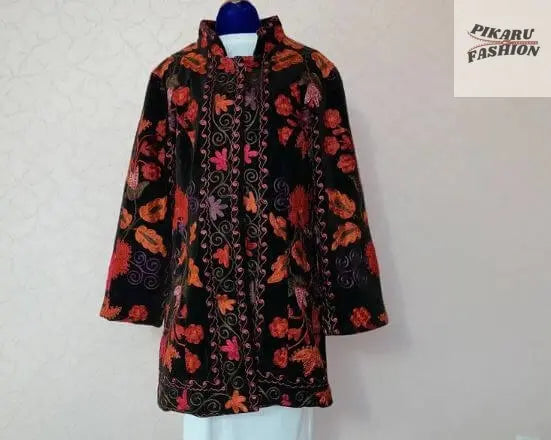 Velvet Suzani Embroidered Coat – Boho Floral Jacket