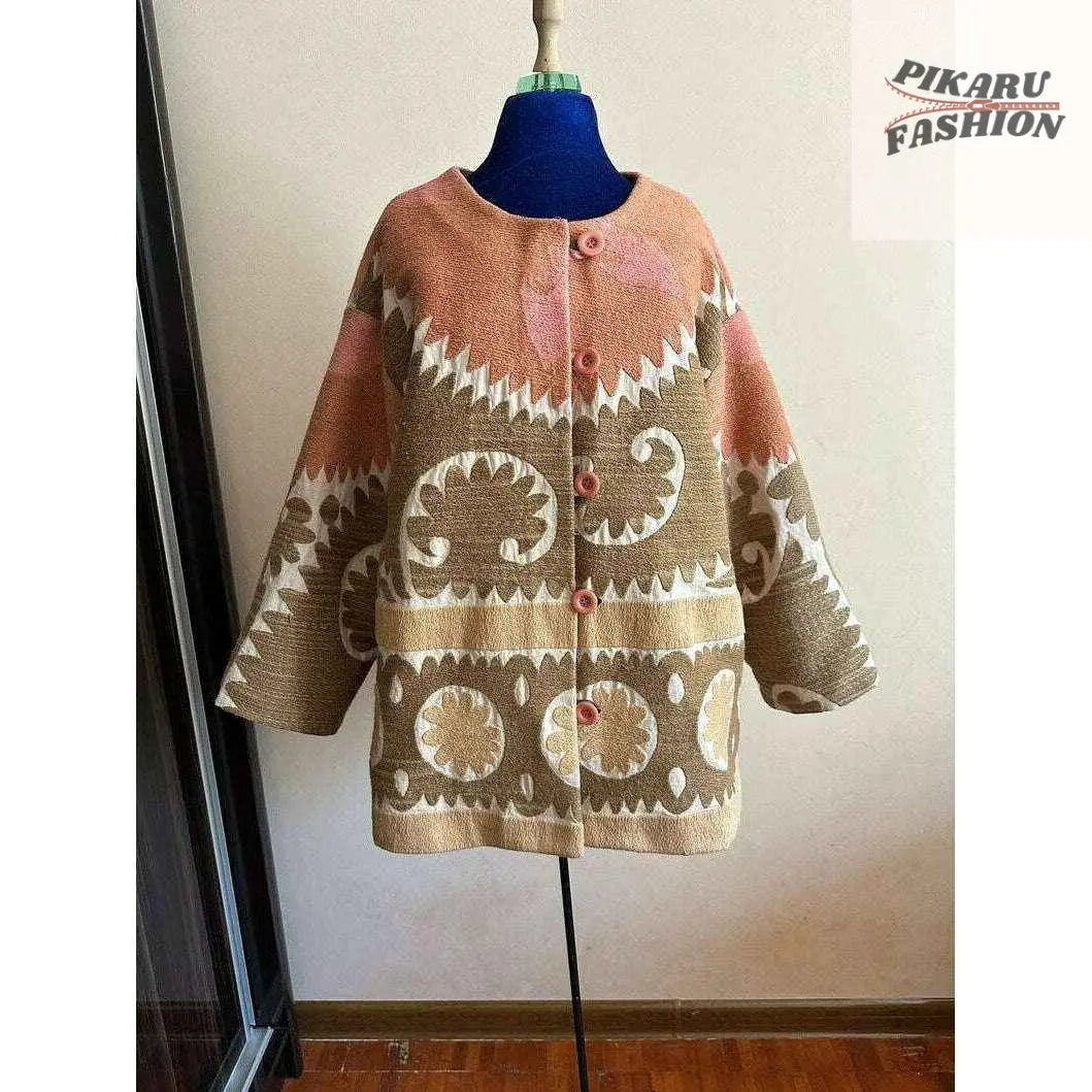 Boho Chic Wool-Blend Suzani Pattern Coat – Peach & Beige Tribal Jacket - PIKARU FASHION