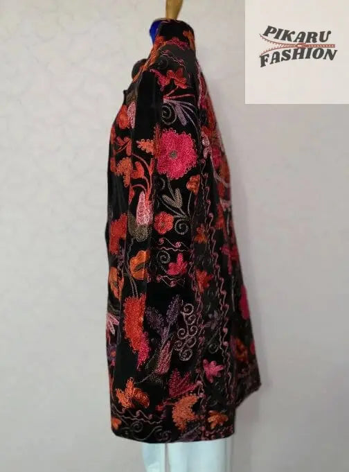 Velvet Suzani Embroidered Coat – Boho Floral Jacket