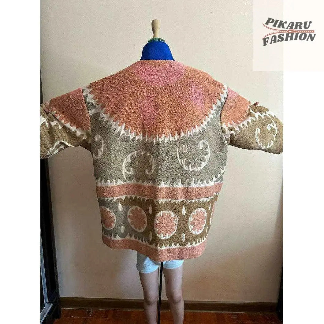 Boho Chic Wool-Blend Suzani Pattern Coat – Peach & Beige Tribal Jacket - PIKARU FASHION