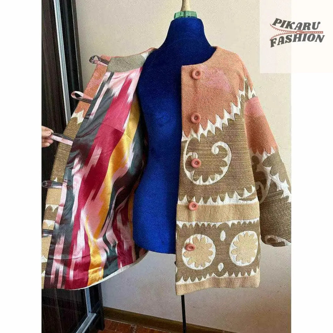Boho Chic Wool-Blend Suzani Pattern Coat – Peach & Beige Tribal Jacket - PIKARU FASHION