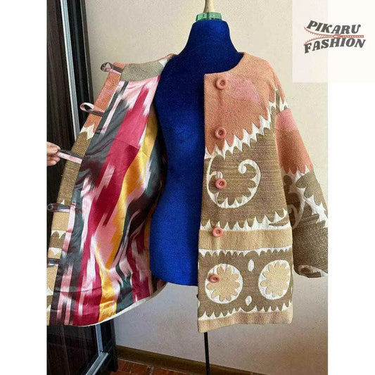 Boho Chic Wool-Blend Suzani Pattern Coat – Peach & Beige Tribal Jacket - PIKARU FASHION
